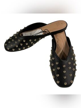 Time & True Mule Flats Gold Studded Women 9 Black Slides Dressy Slip On Casual